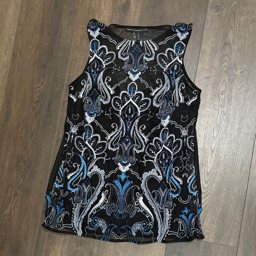 White House Black Market Black and Blue Paisley Blouse